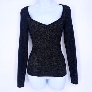 Anthropologie Black with Gold Metallic Ribbed Knit Square Neckline‎ Size Small